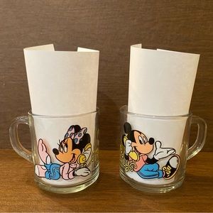 Vintage Anchor Hocking Mickey & Minnie Mouse Disney Clear Glass Coffee Mugs (2)
